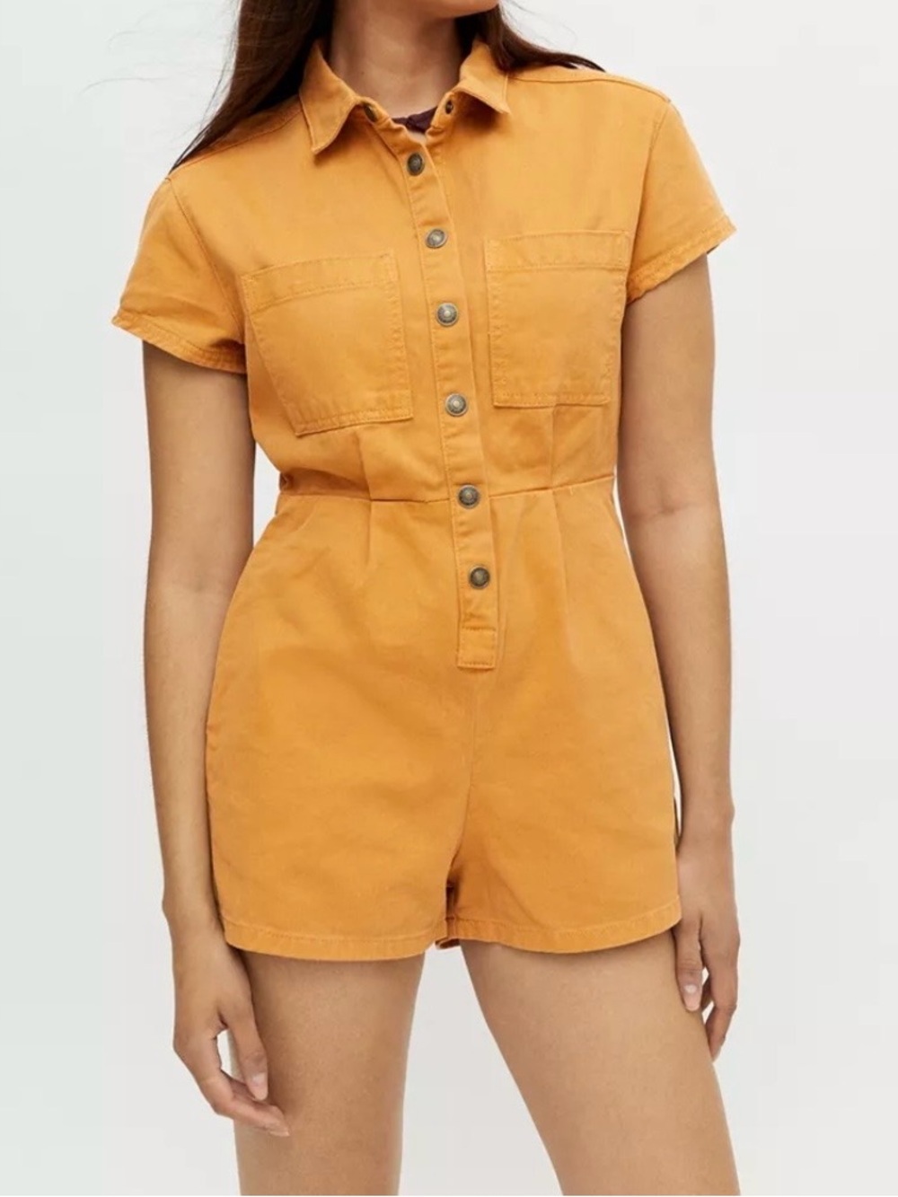 BDG Joey Short Sleeve Denim Coverall Romper Women’s M Rusty tan Utility Snap up